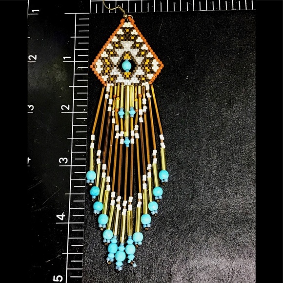 ⭐HP⭐ Beaded Handmade Brown Turquoise Long Earrings - Picture 6 of 7